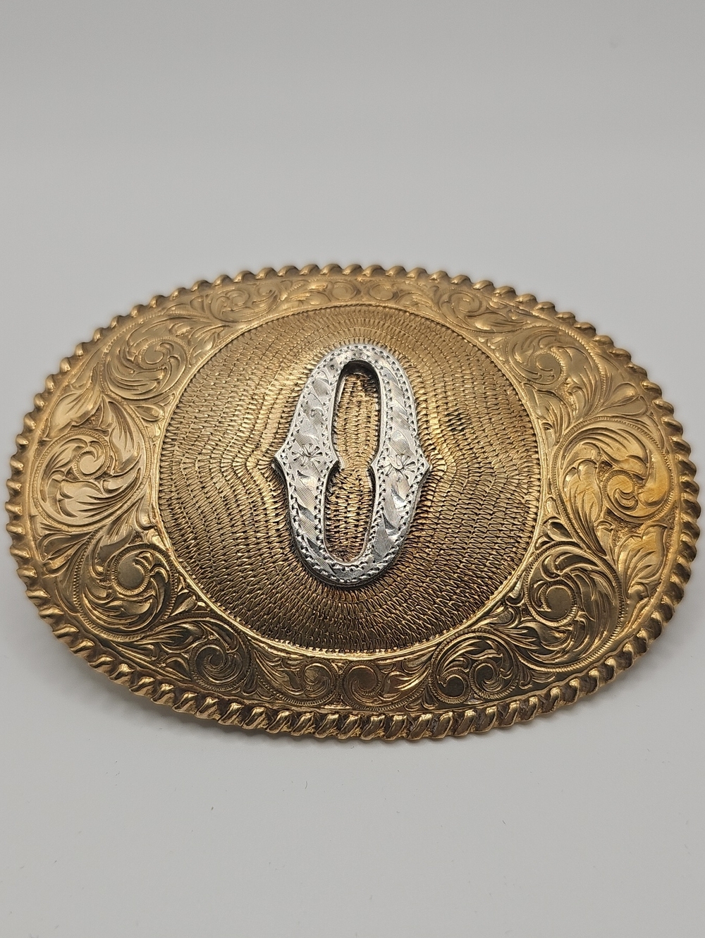 Crumrine El Futuro Bronze Belt Buckle Mens Size OS Gold Silver Initial O Vintage